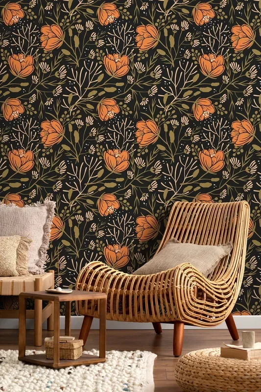 Boho Floral Wallpaper With Stylized Blooms In Orange, Green, And Black – D153