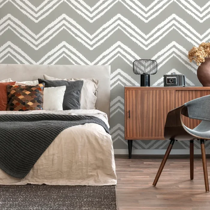 Boho Wallpaper With A Hand-drawn Chevron Motif In Gray And White – C986