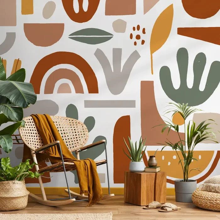 Boho Wallpaper With Abstract Shapes And Rainbows In Terracotta, Sage, And Yellow – C203
