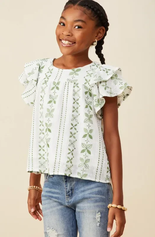 Botanical Embroidered Ruffle Top | Green