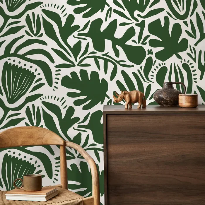 Botanical Wallpaper Featuring Abstract Cutout Leaves In Olive Green And White – D706