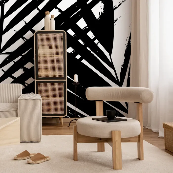 Botanical Wallpaper Featuring Abstract Palm Leaves In Black And White – B351