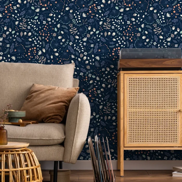 Botanical Wallpaper Featuring Acorns And Berries In Navy Blue And Orange – A948