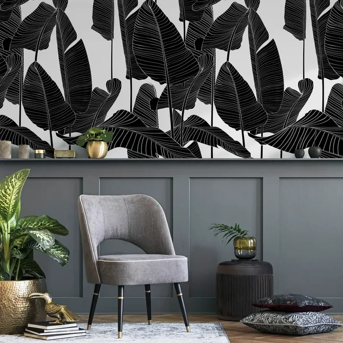 Botanical Wallpaper Featuring Bold Banana Leaves In Black And White – B097