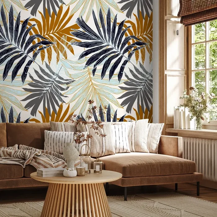 Botanical Wallpaper Featuring Overlapping Palm Leaves In Blue, Gold, And Grey – B070
