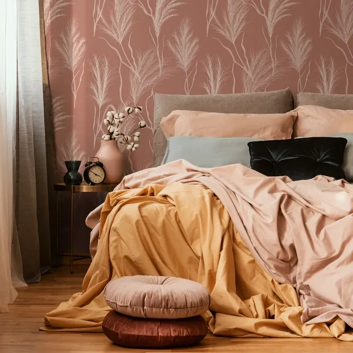 Botanical Wallpaper Featuring Pampas Grass In Terracotta And White – C352