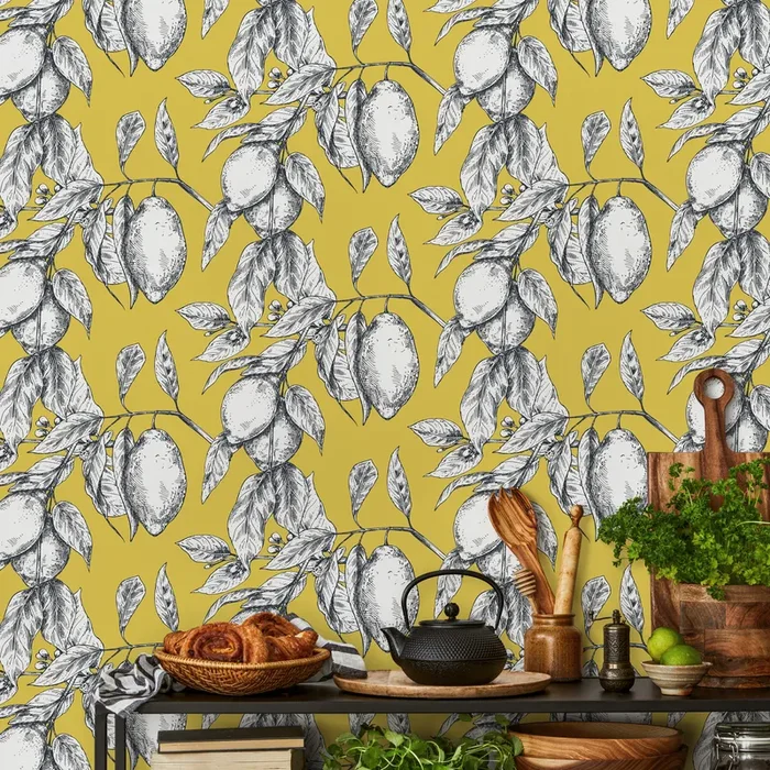 Botanical Wallpaper Featuring Sketched Lemon Branches In Yellow, Black, And White – C137
