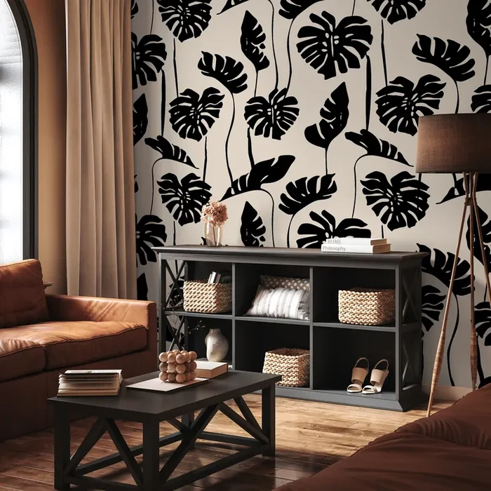 Botanical Wallpaper With A Bold Monstera Leaf Motif In Black And Beige – C270
