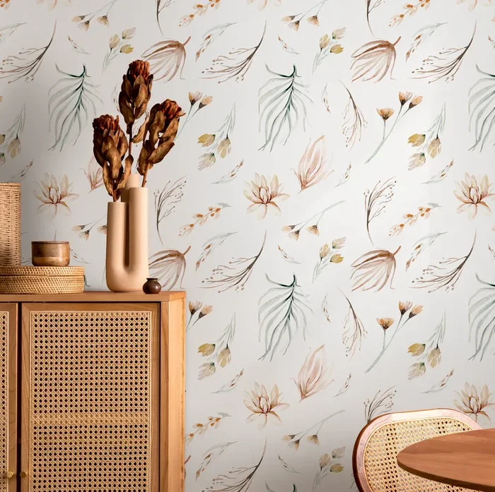 Botanical Wallpaper With A Delicate Watercolor Motif In Brown, Green, And Beige – B519