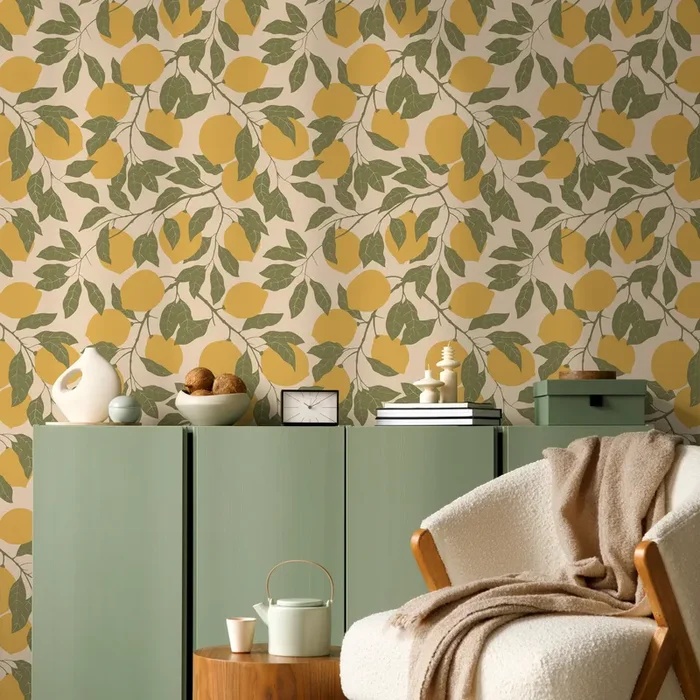 Botanical Wallpaper With A Lemon Motif In Yellow And Green – Zacc