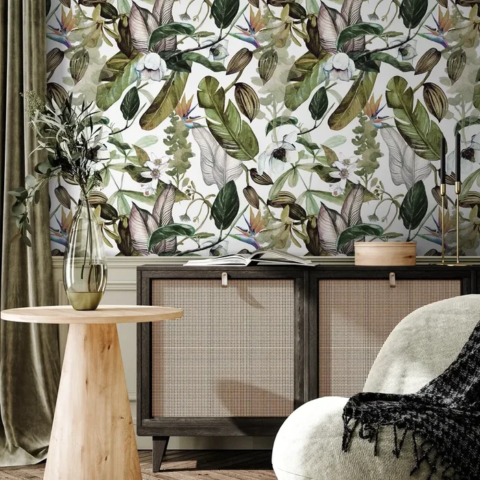Botanical Wallpaper With A Lush Tropical Motif In Green, Brown, And Purple – A741