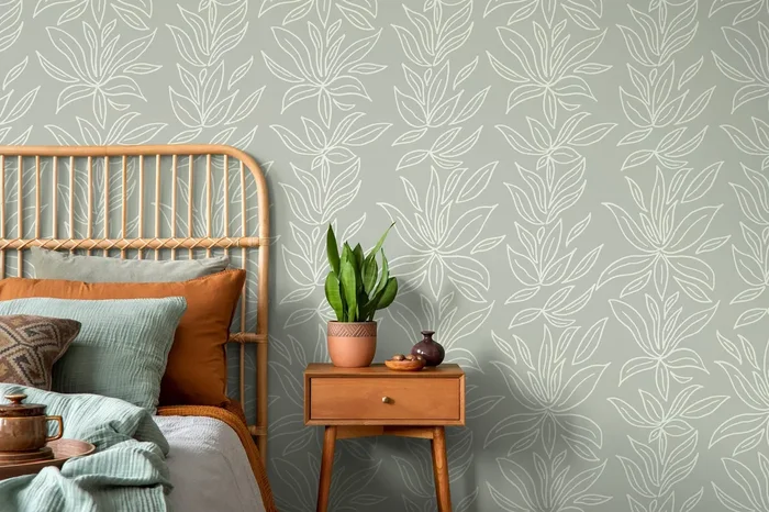 Botanical Wallpaper With A Minimalist Leaf Motif In Sage Green And White – D329