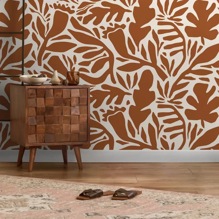 Botanical Wallpaper With A Modern Abstract Leaf Motif In Terracotta – D698