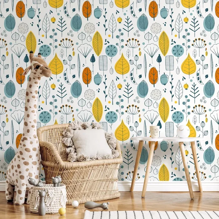 Botanical Wallpaper With A Scandinavian Forest Motif In Yellow, Teal, And Orange – A398