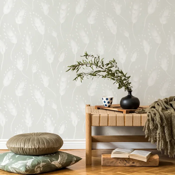 Botanical Wallpaper With A Soft Wheat Motif In Mint Green And White – C651
