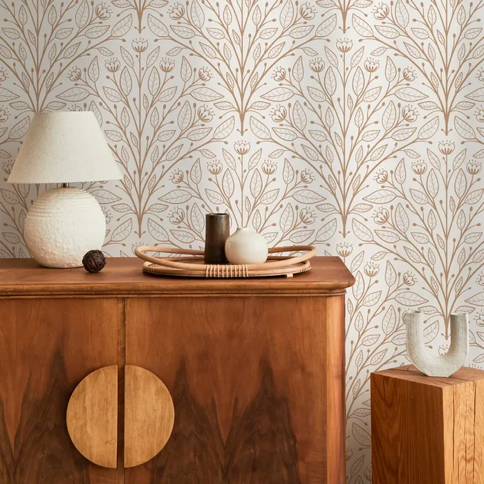 Botanical Wallpaper With A Symmetrical Branch Motif In Beige And Brown – D041