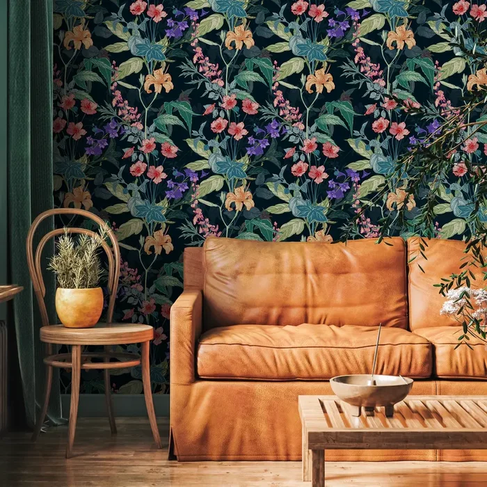 Botanical Wallpaper With A Vintage Floral Motif In Orange, Red, And Purple – B849