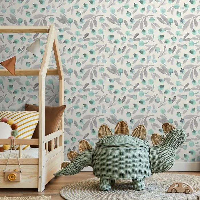 Botanical Wallpaper With A Watercolor Berry Motif In Mint Green And Gray – A321