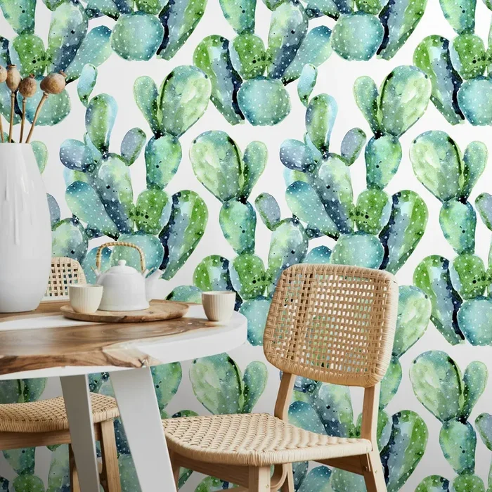 Botanical Wallpaper With A Watercolor Cactus Motif In Green And Blue – A241