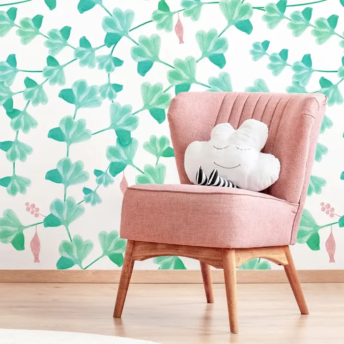 Botanical Wallpaper With A Whimsical Climbing Vine Motif In Green And Pink – X013
