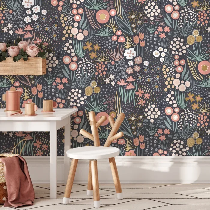 Botanical Wallpaper With A Whimsical Meadow In Pink, Green, And Yellow – B754