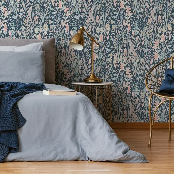 Botanical Wallpaper With A Wildflower Motif In Dark Blue, Pink, And Light Blue – C035
