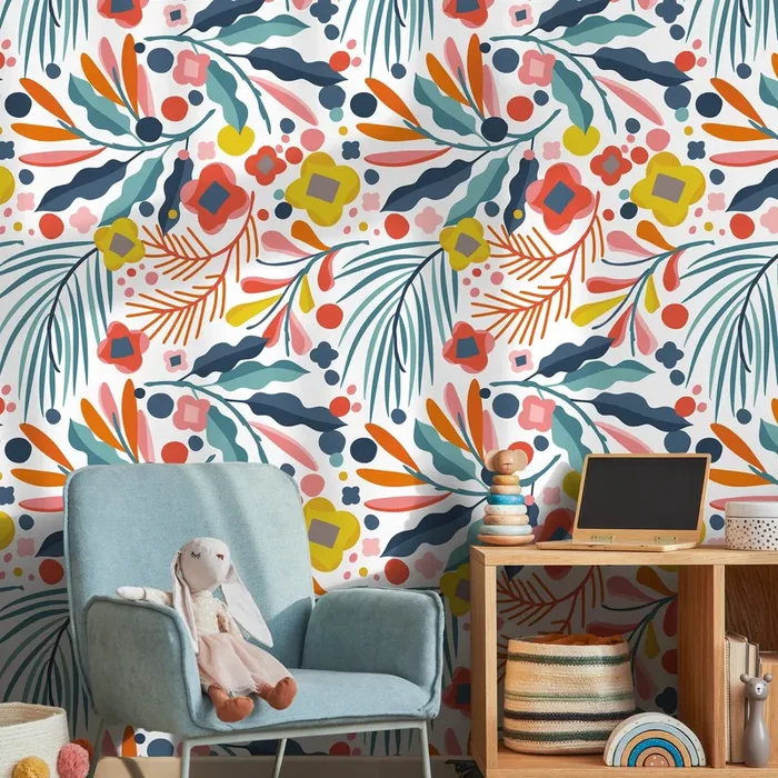 Botanical Wallpaper With Abstract Cutout Florals In Blue, Orange, And Yellow – A396