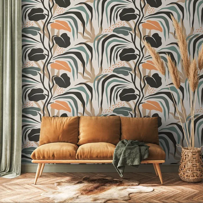Botanical Wallpaper With Abstract Tropical Leaves In Black, Teal, And Orange – D718