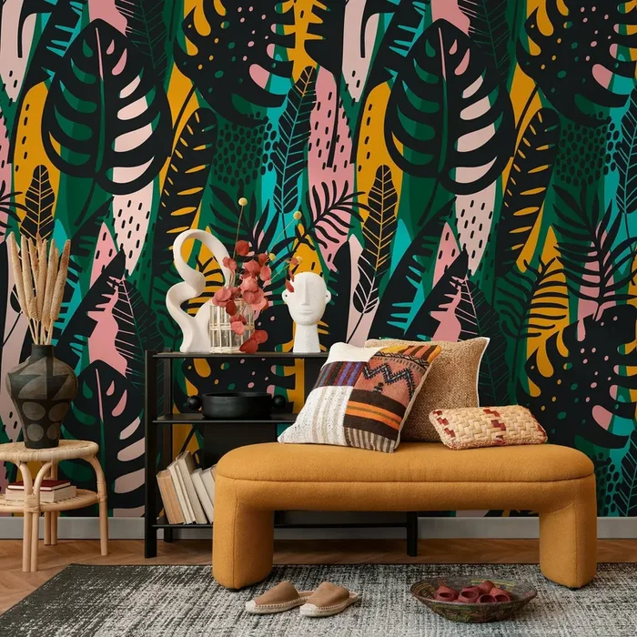 Botanical Wallpaper With An Abstract Jungle Leaf Motif In Black, Green, And Yellow – B177