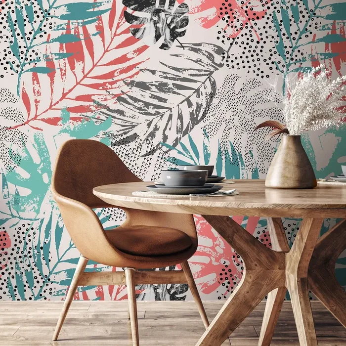 Botanical Wallpaper With An Abstract Leaf Collage In Pink, Teal, And Black – A967