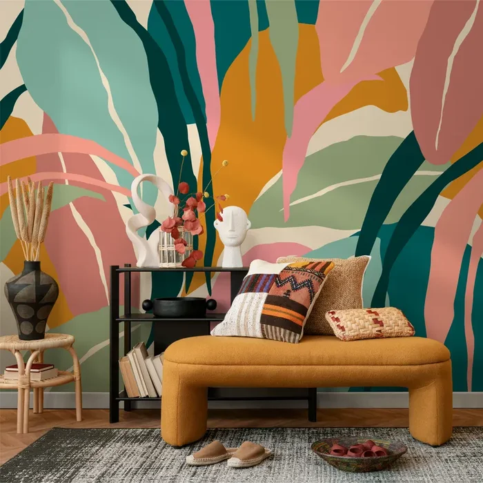 Botanical Wallpaper With An Abstract Tropical Leaf Motif In Teal, Pink, And Ochre – B634