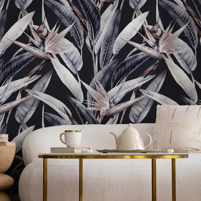 Botanical Wallpaper With Bird Of Paradise Flowers In Gray, Beige, And Black – B221