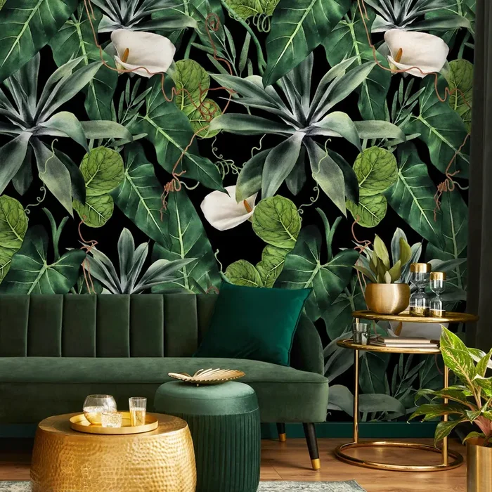 Botanical Wallpaper With Calla Lilies And Lush Leaves In Green, White, And Black – A843