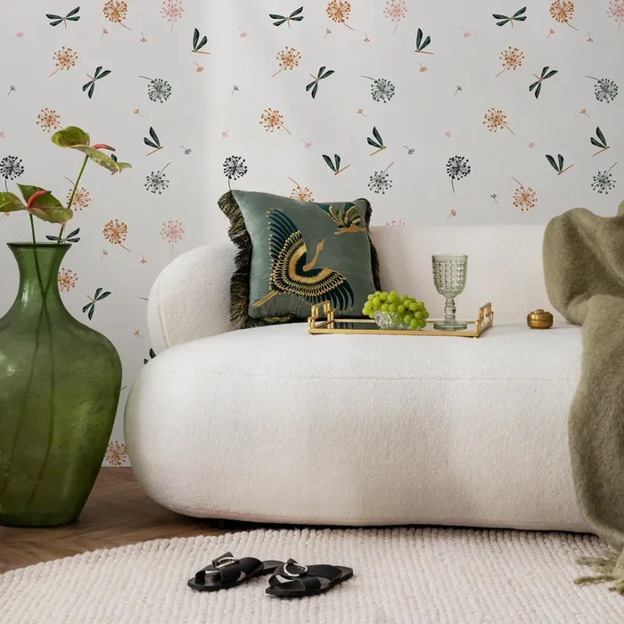 Botanical Wallpaper With Dandelions And Dragonflies In Green, Orange, And Pink – B975