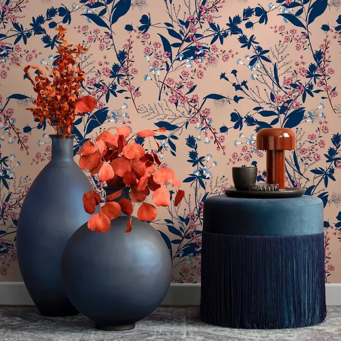 Botanical Wallpaper With Delicate Wildflowers In Navy Blue, Pink, And Beige – A826