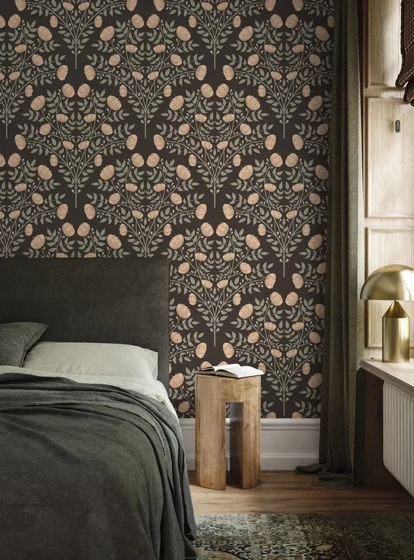 Botanical Wallpaper With Floral Trees In Brown, Green, And Beige – D036