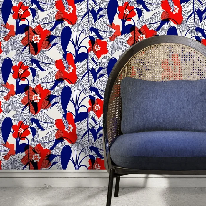 Botanical Wallpaper With Graphic Florals And Leaves In Red And Blue – A791