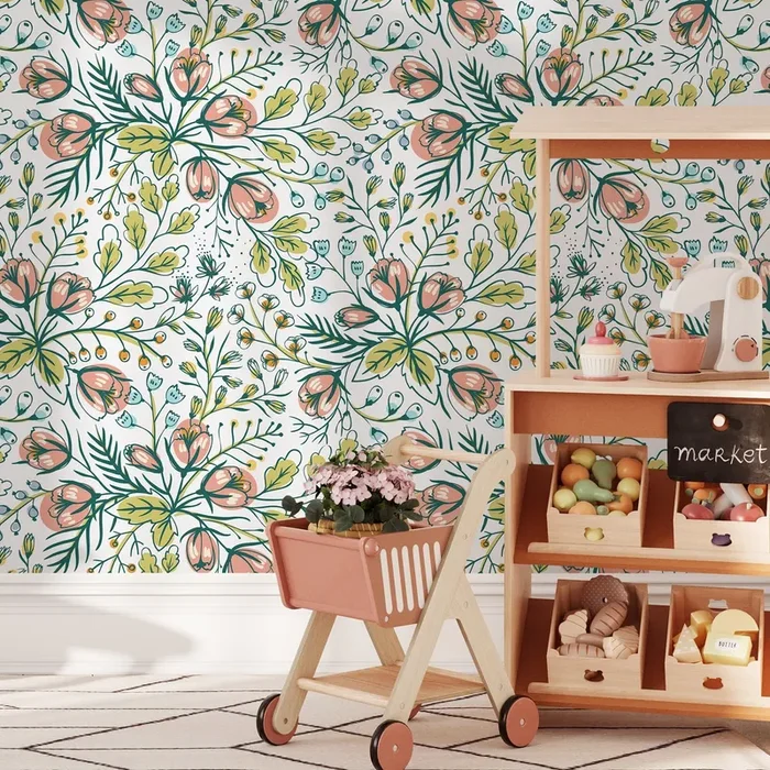 Botanical Wallpaper With Hand-drawn Blooms In Pink, Green, And Blue – B785
