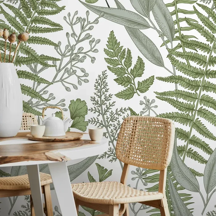 Botanical Wallpaper With Illustrated Fern And Foliage In Green And Sage – A530