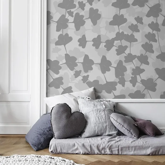 Botanical Wallpaper With Layered Floral Silhouettes In Gray – X016