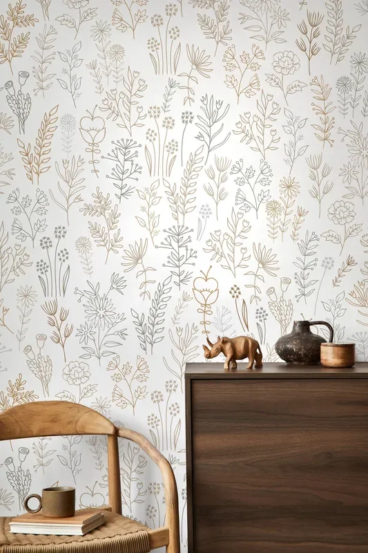 Botanical Wallpaper With Minimalist Wildflowers In Brown, Green, And Beige – D236