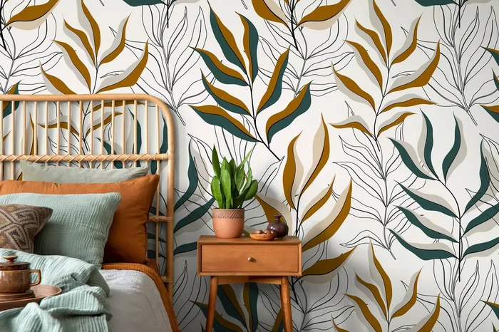 Botanical Wallpaper With Overlapping Fronds In Ochre, Teal, And Black – D253