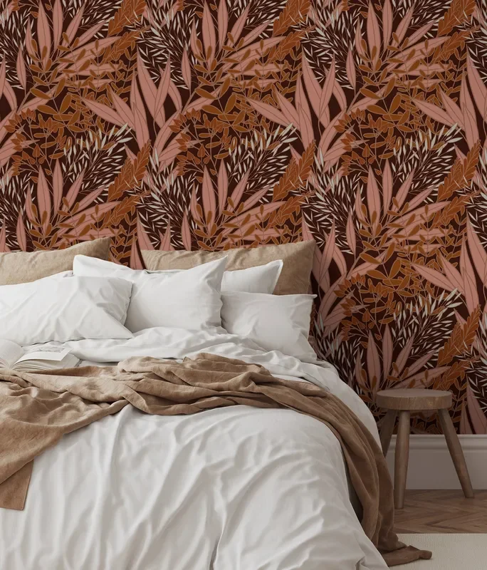 Botanical Wallpaper With Stylized Autumn Leaves In Brown, Pink, And Terracotta – X167