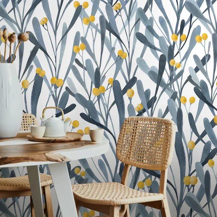 Botanical Wallpaper With Stylized Berries And Leaves In Blue And Yellow – X059