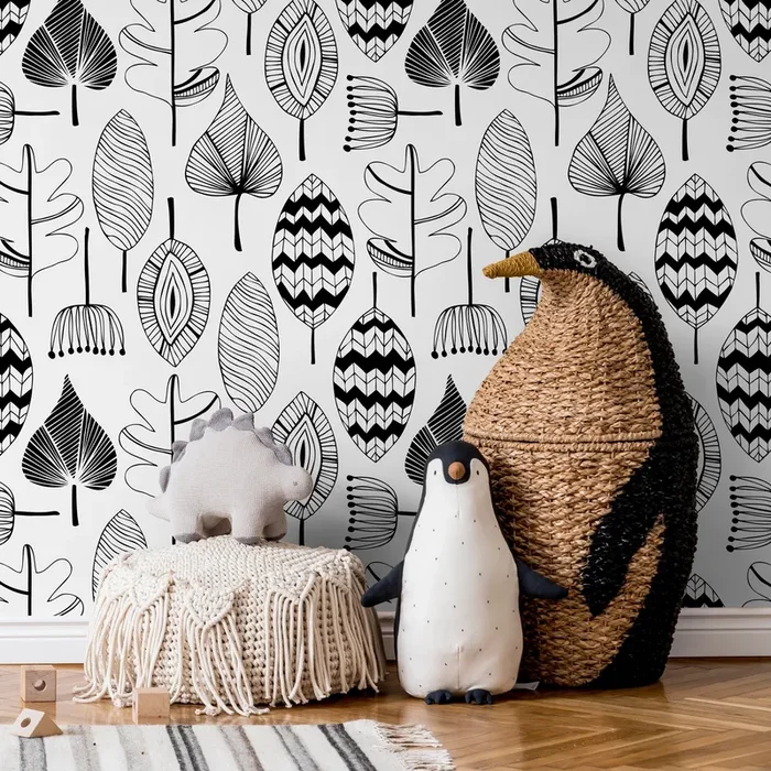 Botanical Wallpaper With Stylized Leaf Motifs In Black And White – A411