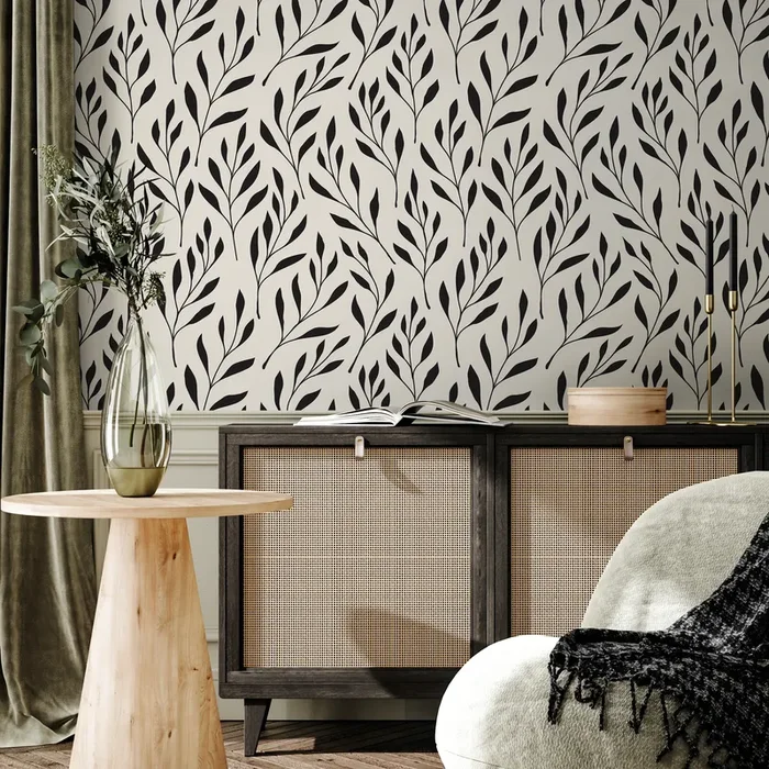 Botanical Wallpaper With Stylized Leafy Branches In Black And Beige – B598