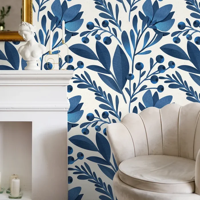 Botanical Wallpaper With Stylized Leaves And Berries In Blue – A371