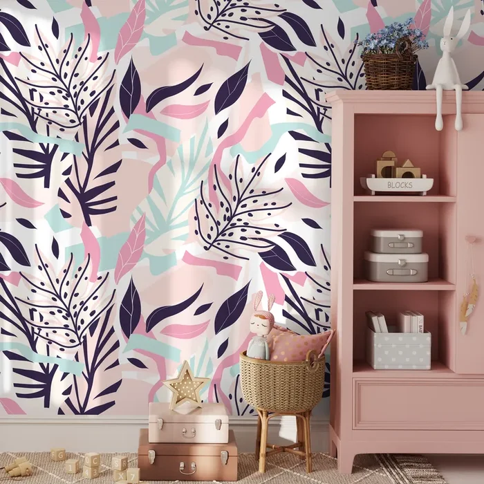 Botanical Wallpaper With Stylized Leaves In Pink, Blue, And Purple – B188