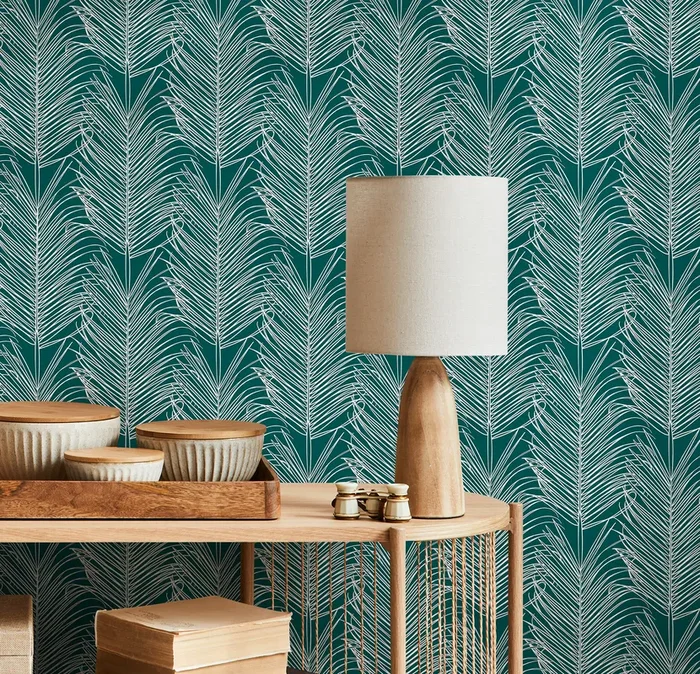 Botanical Wallpaper With Stylized Palm Fronds In Teal And White – B595