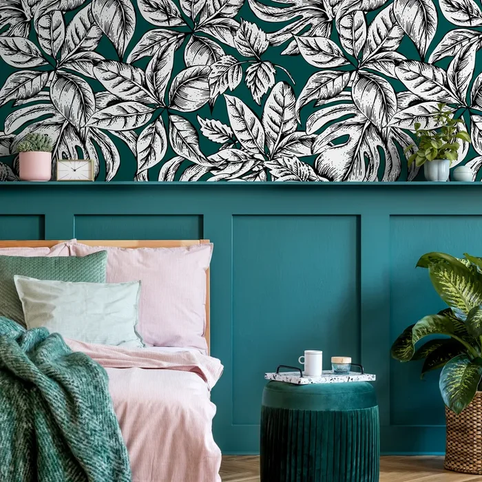 Botanical Wallpaper With Tropical Leaves In Teal, Black, And White – B615